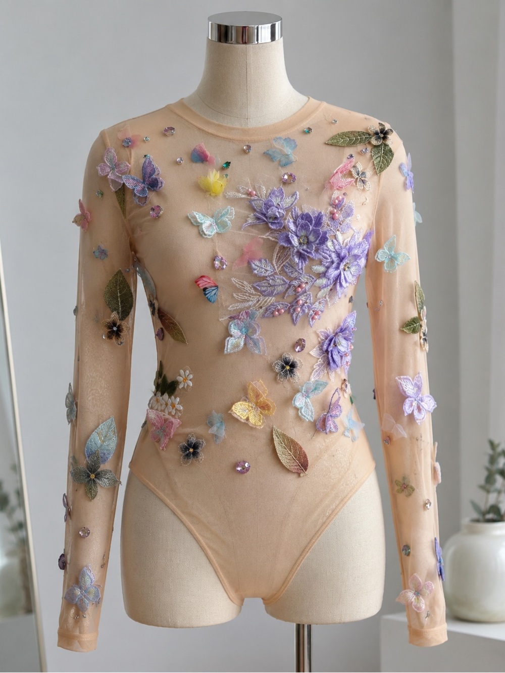 Sheer Embroidered Floral & Butterfly Long-Sleeve Bodysuit - Nude/Peach